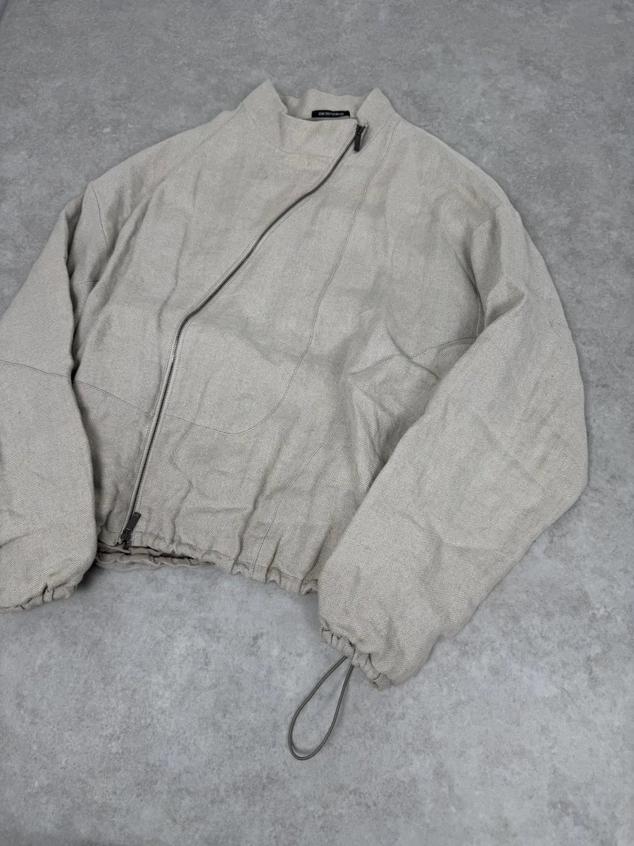 2000s Emporio Armani Asymmetrical Zip Samurai Beige Linen Jacket phRJrER 5
