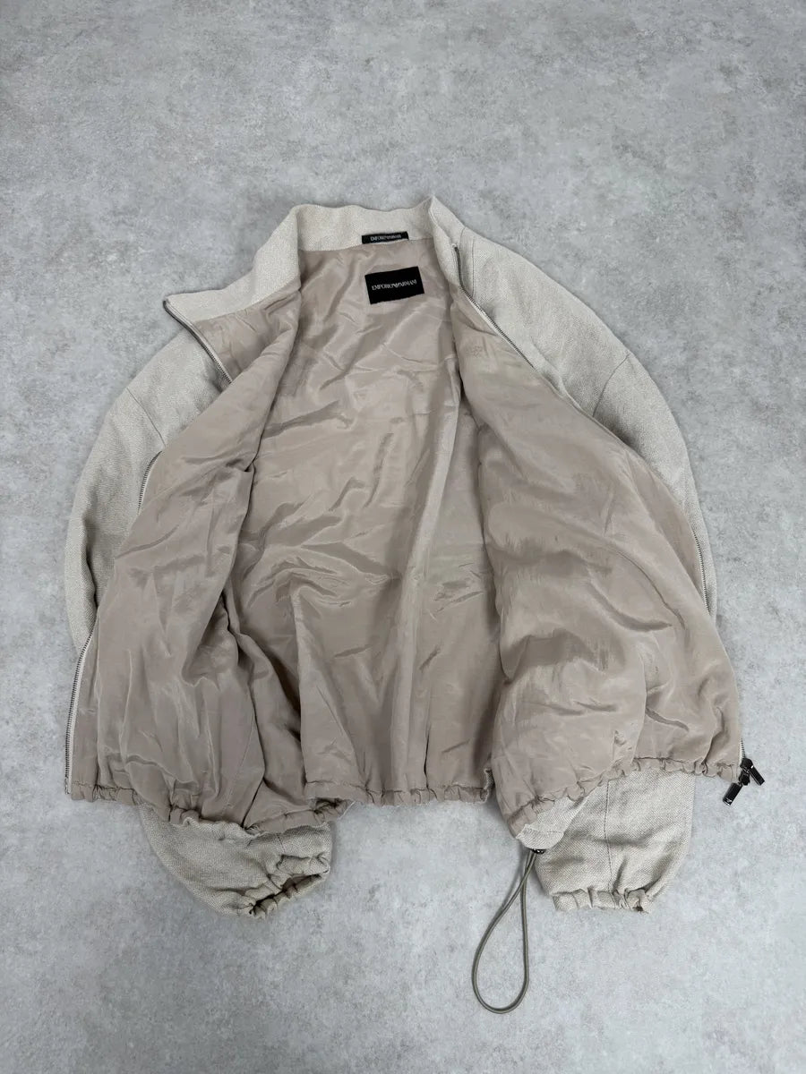 2000s Emporio Armani Asymmetrical Zip Samurai Beige Linen Jacket phRJrER 6