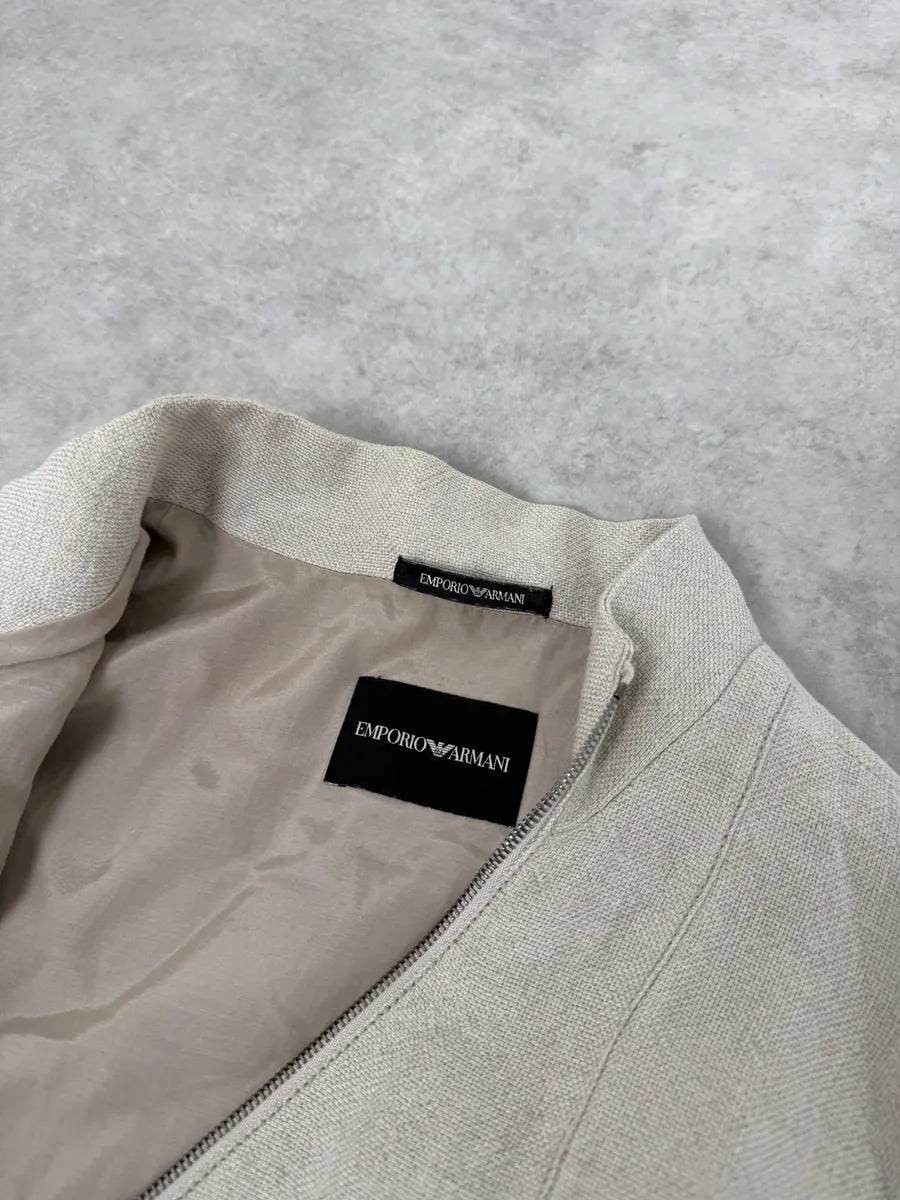 2000s Emporio Armani Asymmetrical Zip Samurai Beige Linen Jacket phRJrER 7