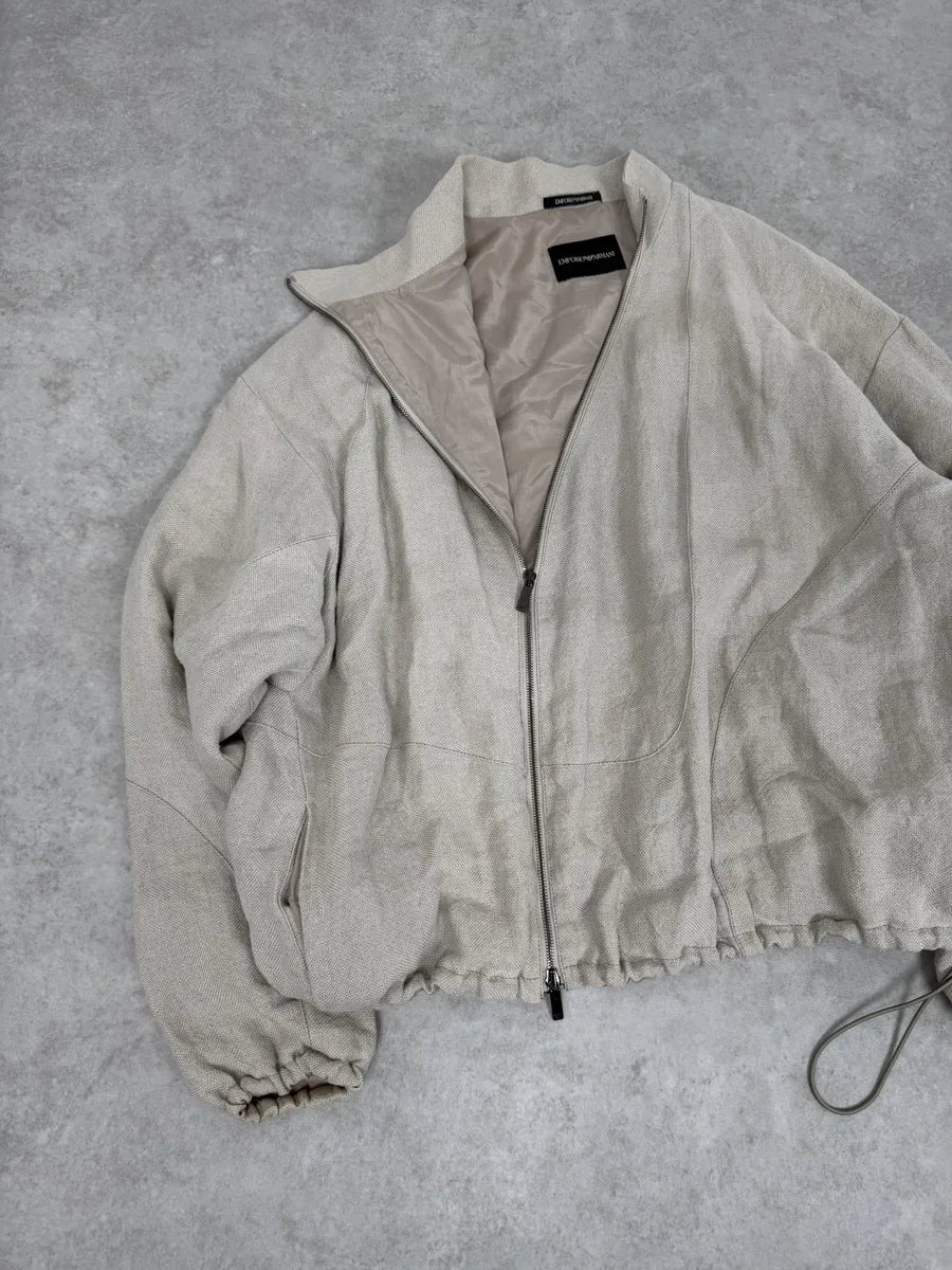 2000s Emporio Armani Asymmetrical Zip Samurai Beige Linen Jacket phRJrER 8