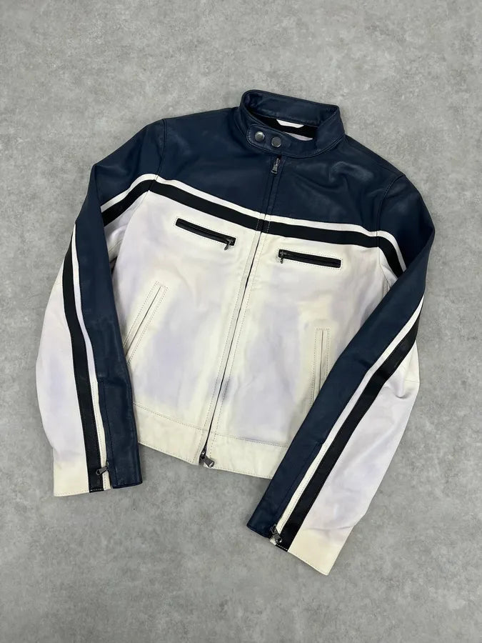 SS2017 Emporio Armani Biker Navy & White Leather Jacket zDOFaEy 3