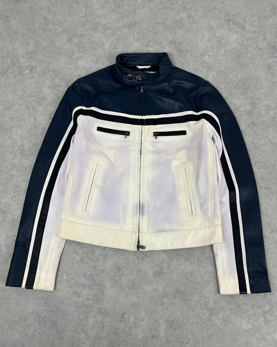 SS2017 Emporio Armani Biker Navy & White Leather Jacket zDOFaEy 0
