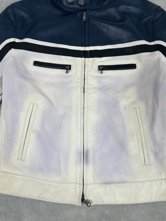 SS2017 Emporio Armani Biker Navy & White Leather Jacket zDOFaEy 9