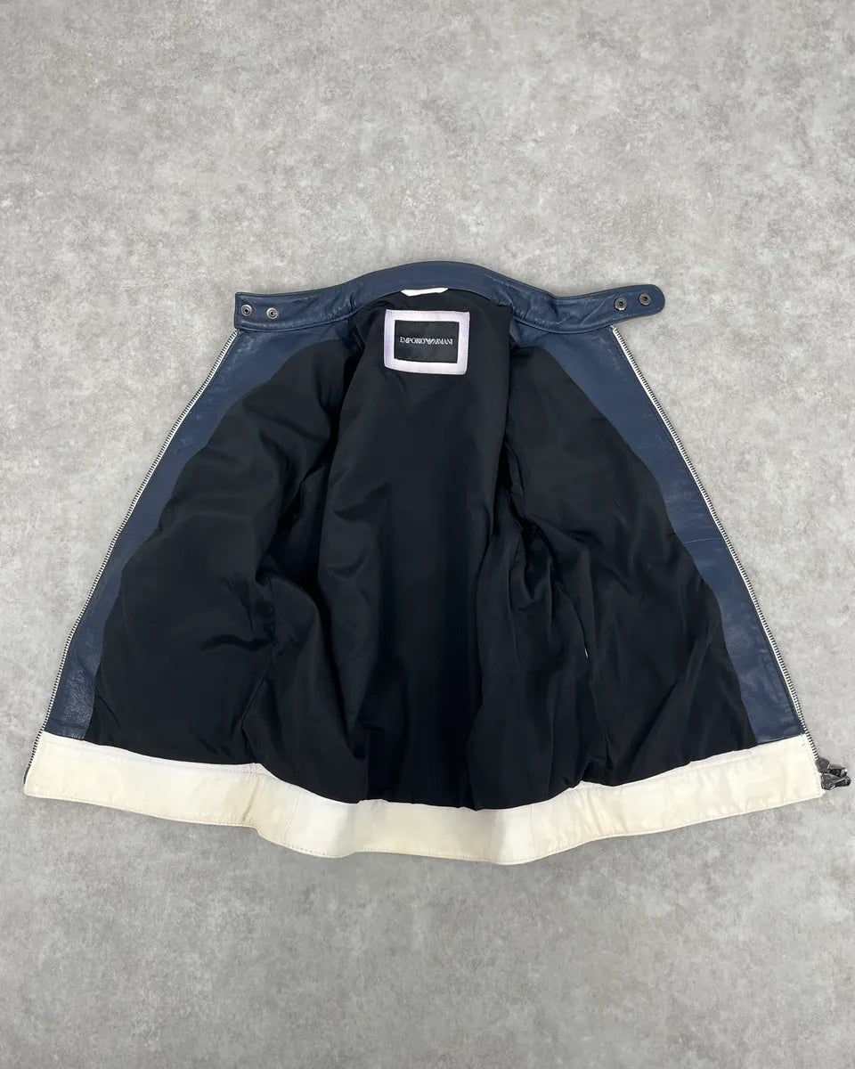 SS2017 Emporio Armani Biker Navy & White Leather Jacket zDOFaEy 7