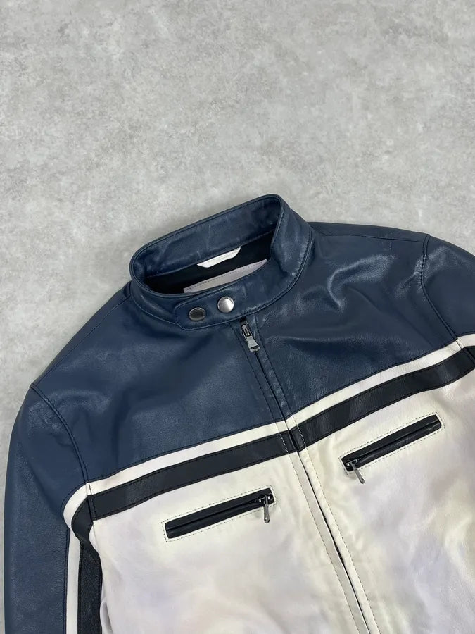 SS2017 Emporio Armani Biker Navy & White Leather Jacket zDOFaEy 4