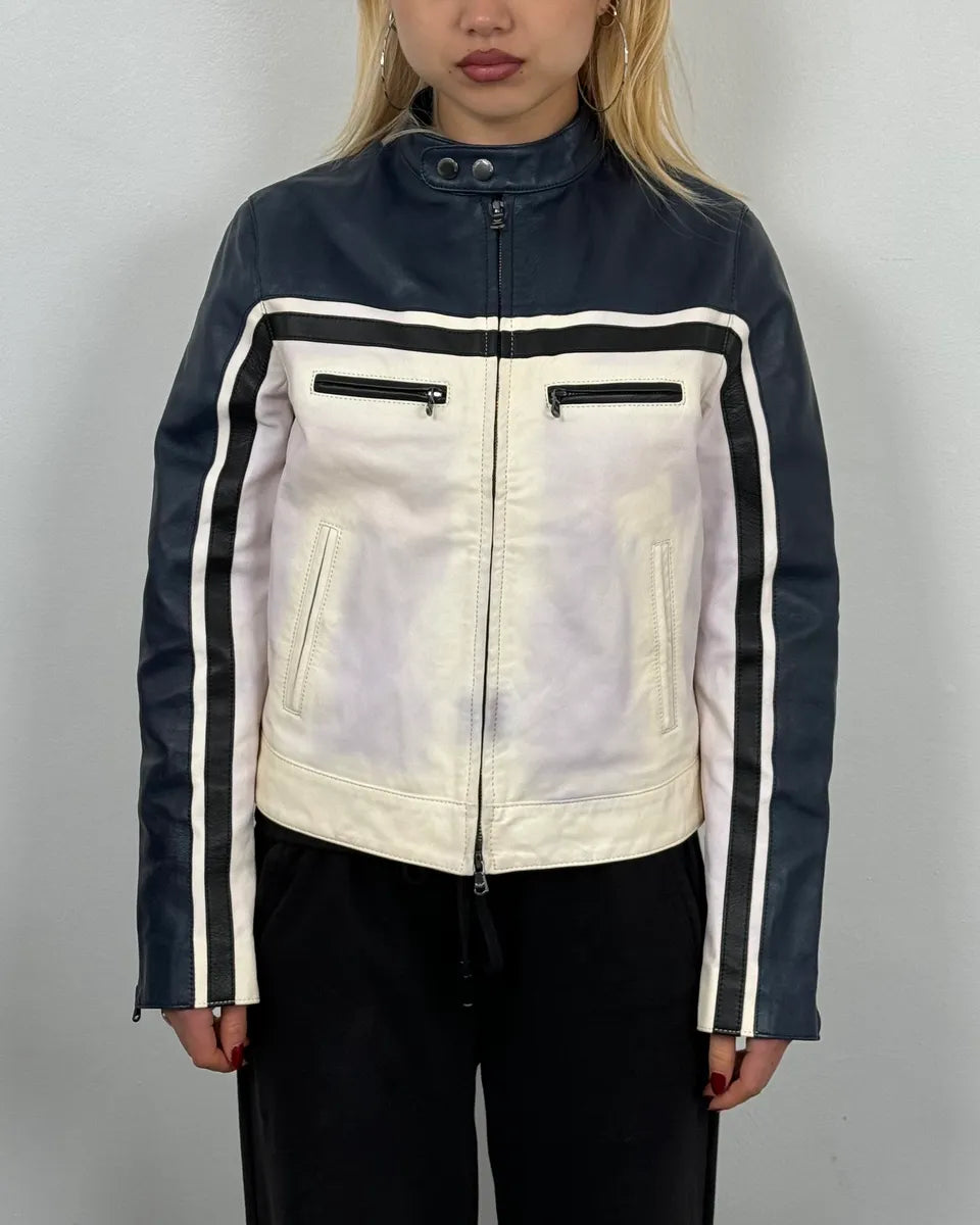 SS2017 Emporio Armani Biker Navy & White Leather Jacket zDOFaEy 1