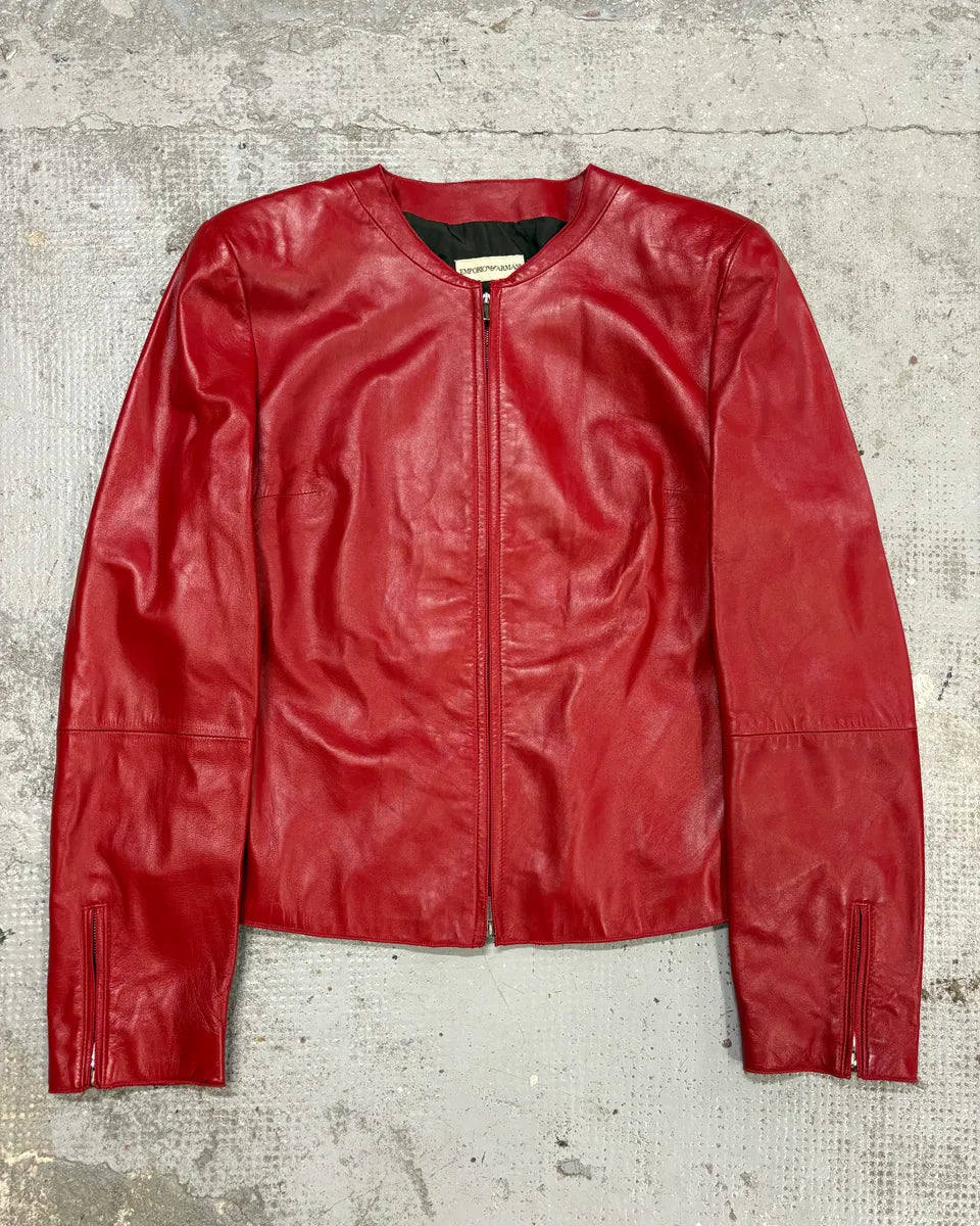 2000s Emporio Armani Biker Red Leather Jacket QjoCdZE 0