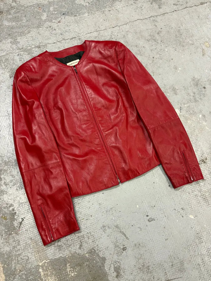 2000s Emporio Armani Biker Red Leather Jacket QjoCdZE 3