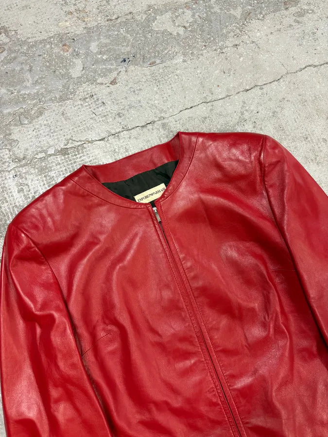 2000s Emporio Armani Biker Red Leather Jacket QjoCdZE 4