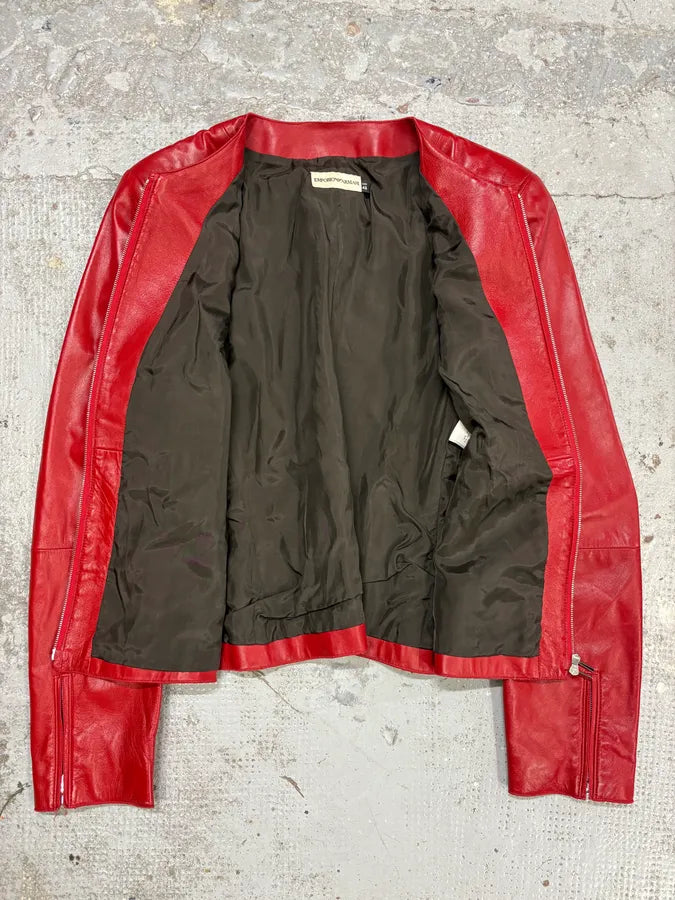 2000s Emporio Armani Biker Red Leather Jacket QjoCdZE 6