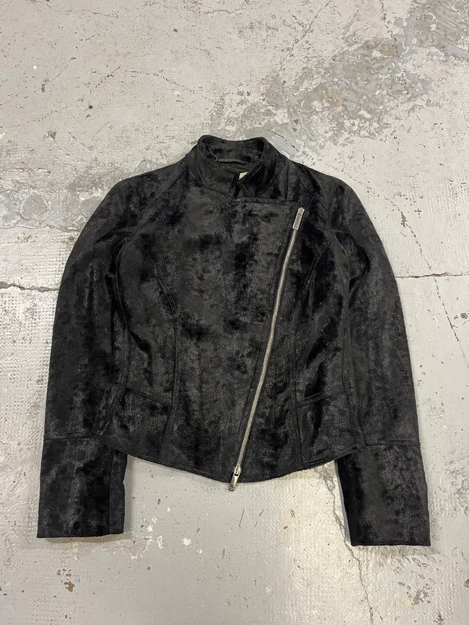 2000s Emporio Armani Black Asymmetrical Zip Pony Hair Jacket jYKLWPY 0