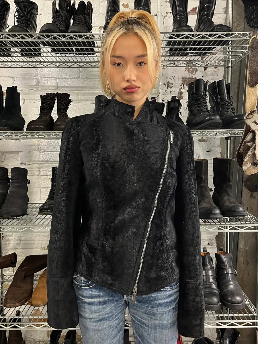 2000s Emporio Armani Black Asymmetrical Zip Pony Hair Jacket jYKLWPY 1