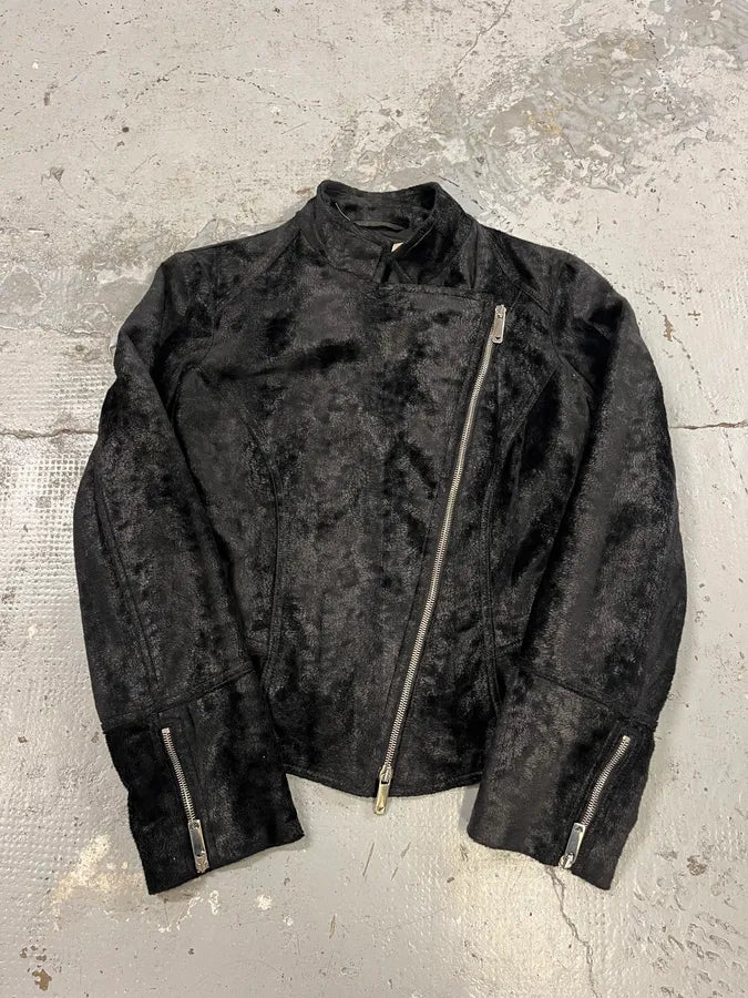 2000s Emporio Armani Black Asymmetrical Zip Pony Hair Jacket jYKLWPY 3