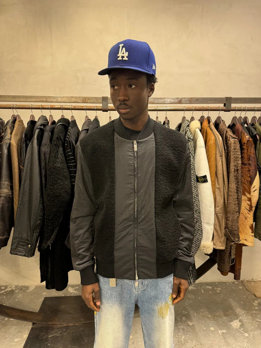 2000s Emporio Armani Black Bomber Hybride Leather Arms Jacket WpJFuBy 2