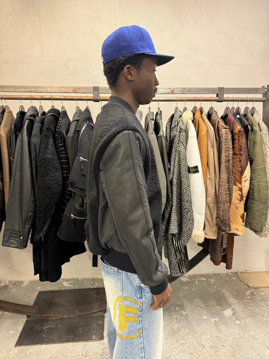 2000s Emporio Armani Black Bomber Hybride Leather Arms Jacket WpJFuBy 4