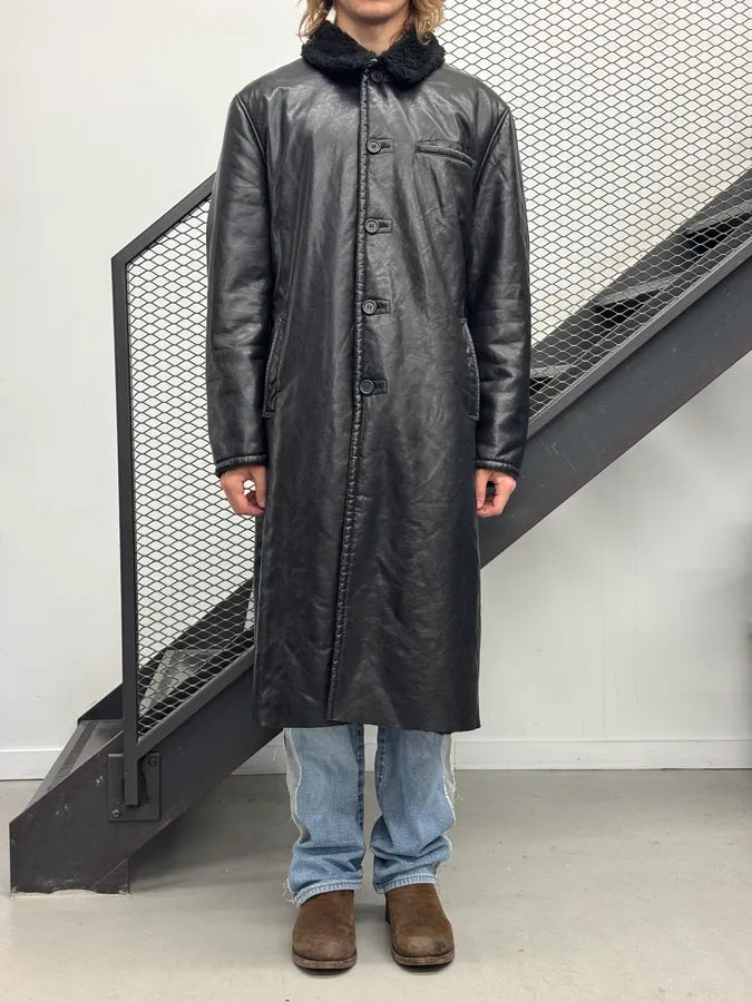 2000s Armani Black Faux Leather Long Coat wNCuxFw 0