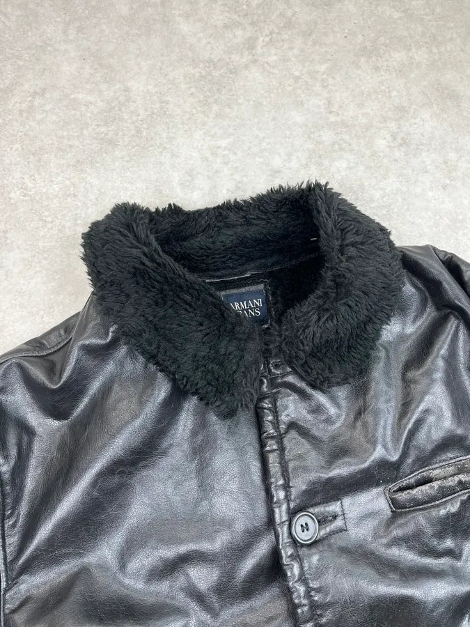 2000s Armani Black Faux Leather Long Coat wNCuxFw 5