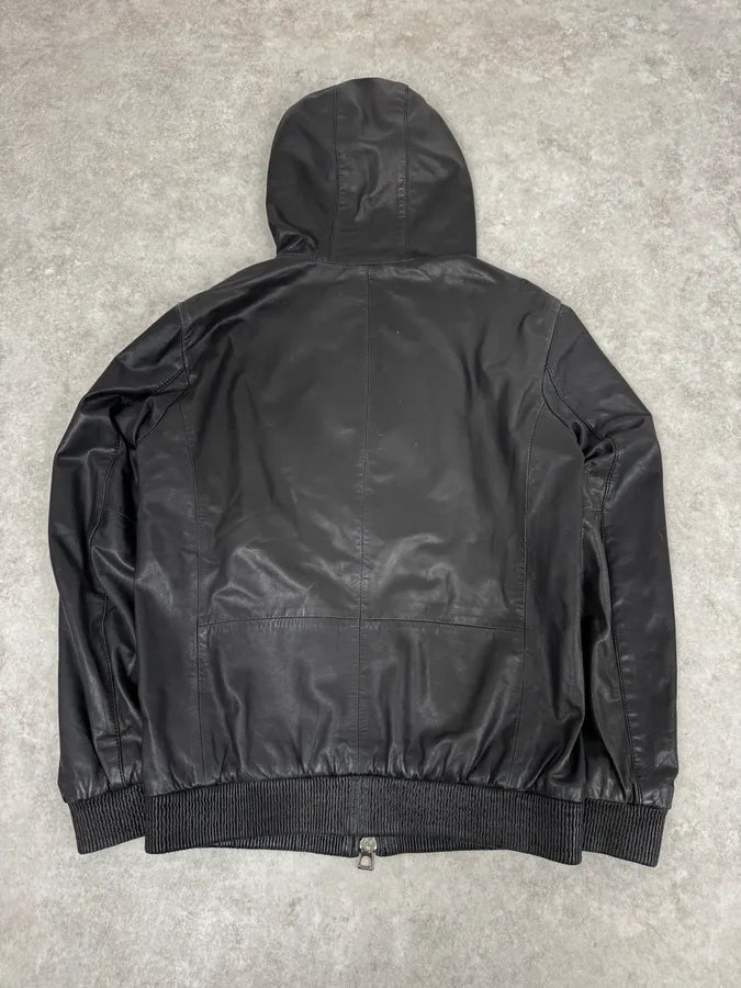 2010s Emporio Armani Black Leather Hooded Jacket bCoFJFM 3