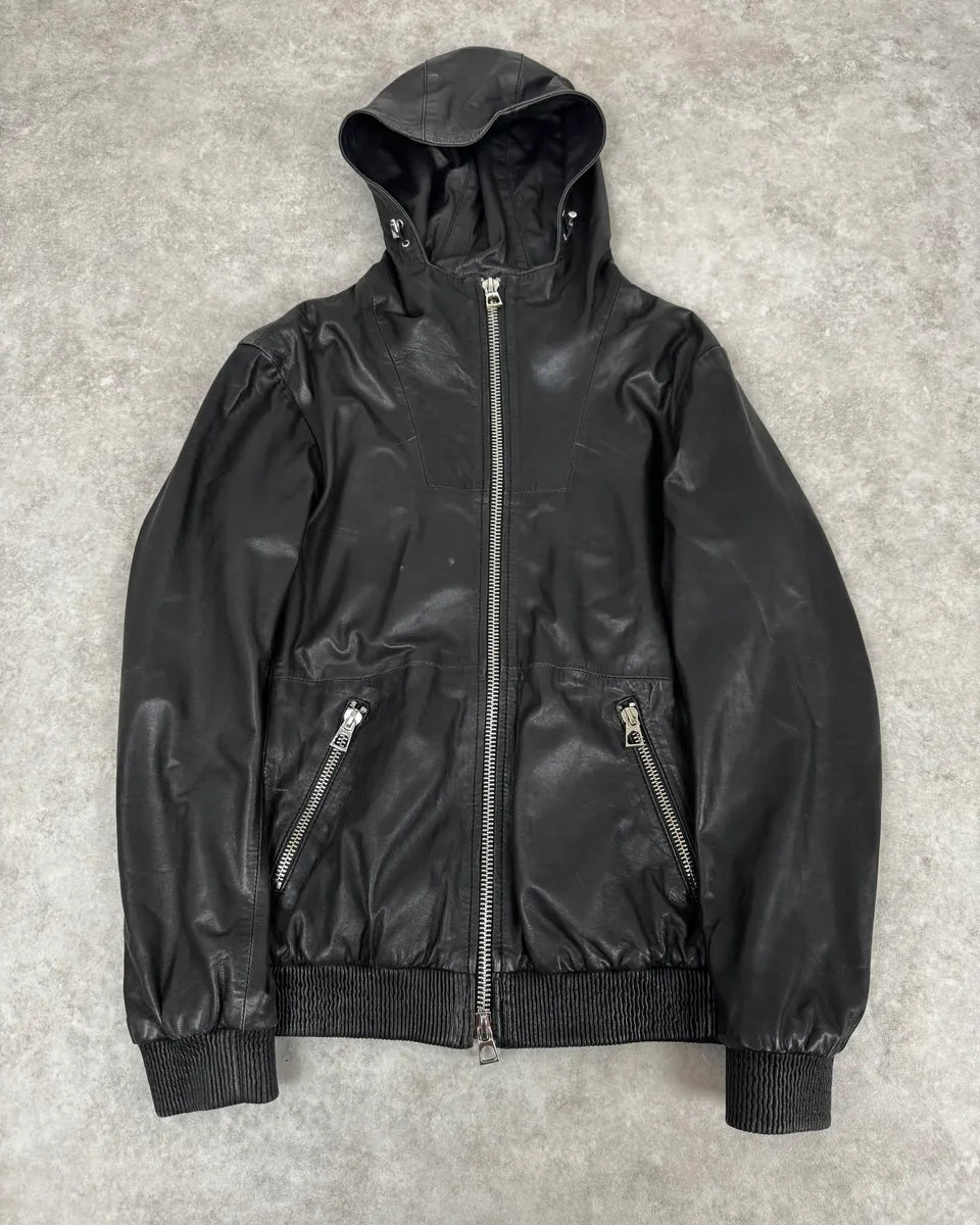 2010s Emporio Armani Black Leather Hooded Jacket bCoFJFM 0