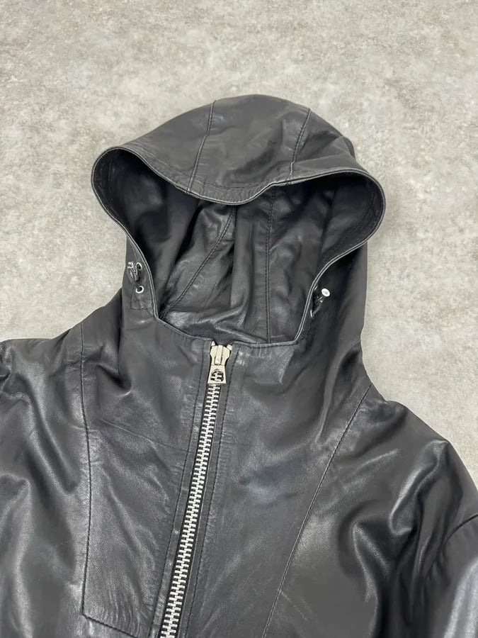 2010s Emporio Armani Black Leather Hooded Jacket bCoFJFM 4