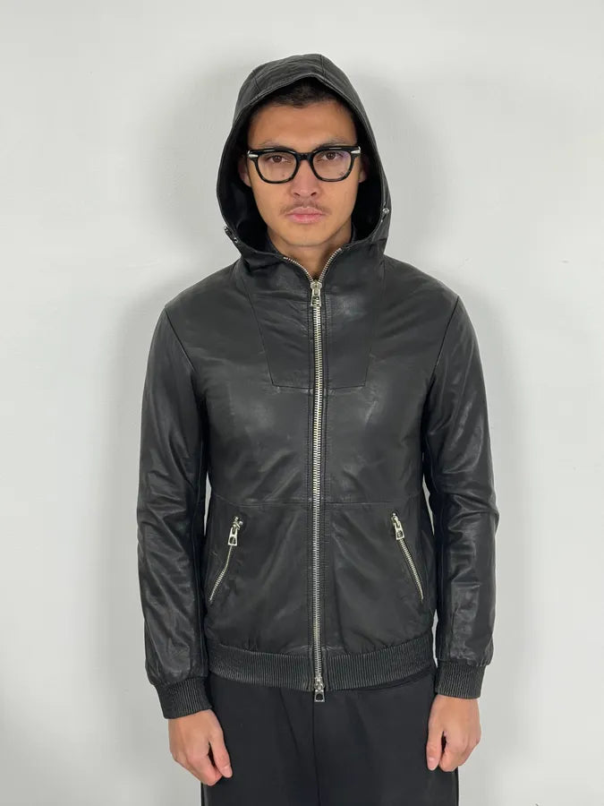 2010s Emporio Armani Black Leather Hooded Jacket bCoFJFM 1