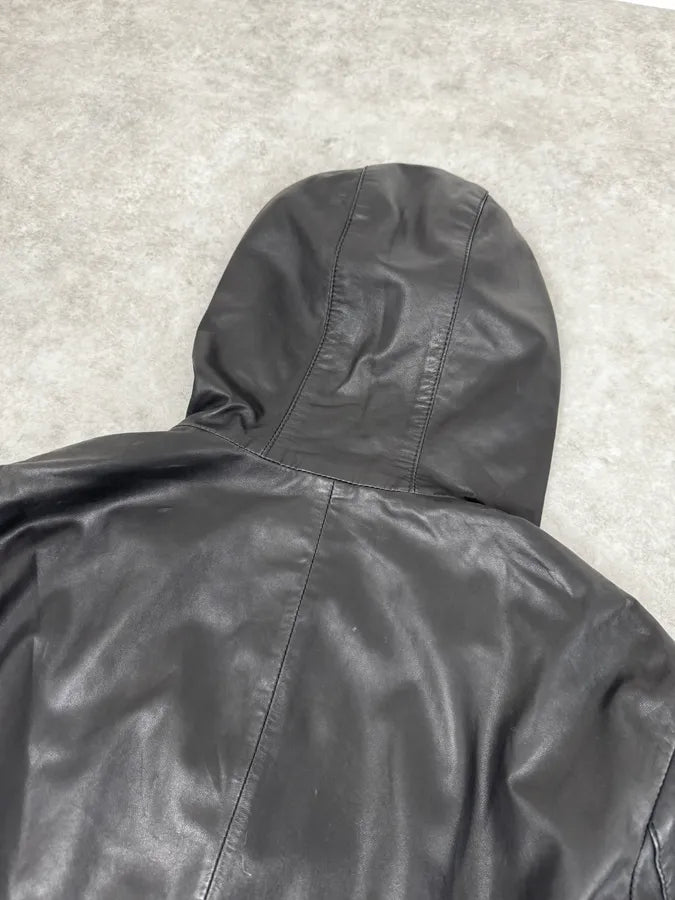 2010s Emporio Armani Black Leather Hooded Jacket bCoFJFM 5
