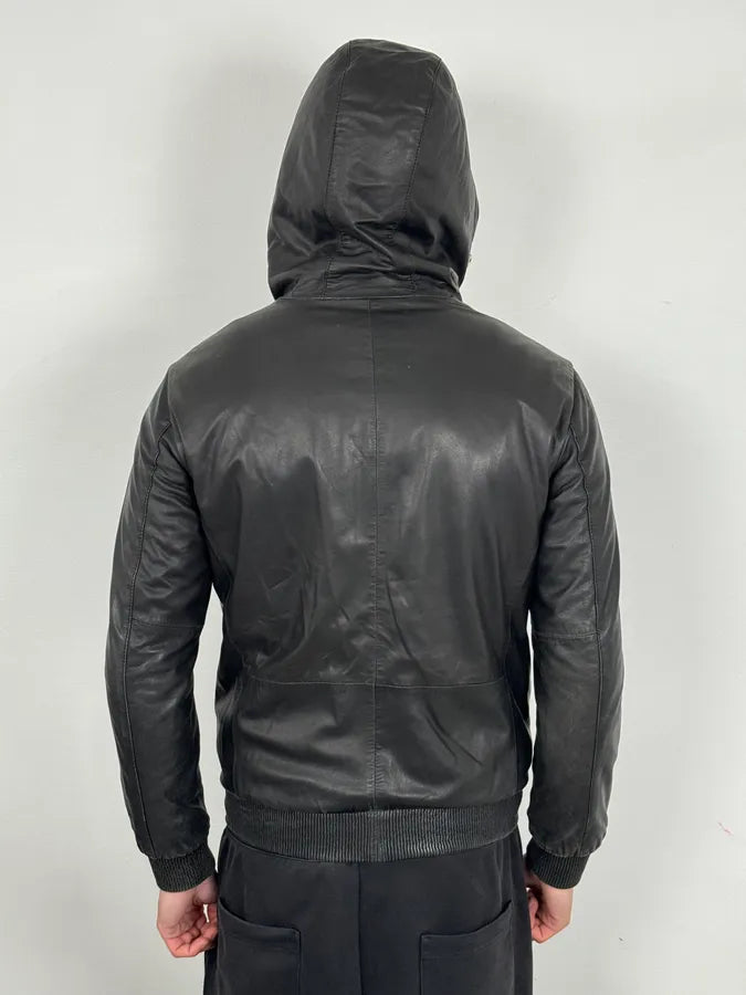 2010s Emporio Armani Black Leather Hooded Jacket bCoFJFM 2
