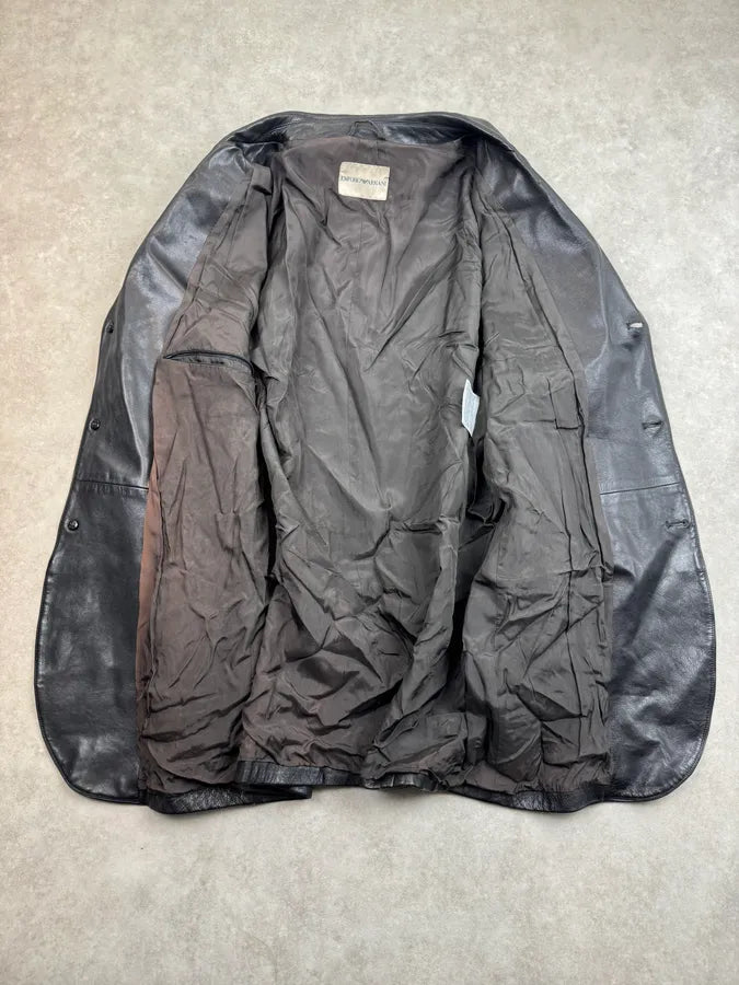 2000s Emporio Armani Black Leather Long Jacket OcAXuRD 7