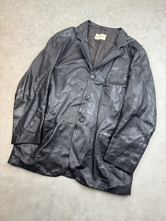 2000s Emporio Armani Black Leather Long Jacket OcAXuRD 3