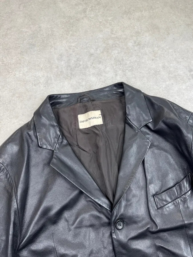 2000s Emporio Armani Black Leather Long Jacket OcAXuRD 4