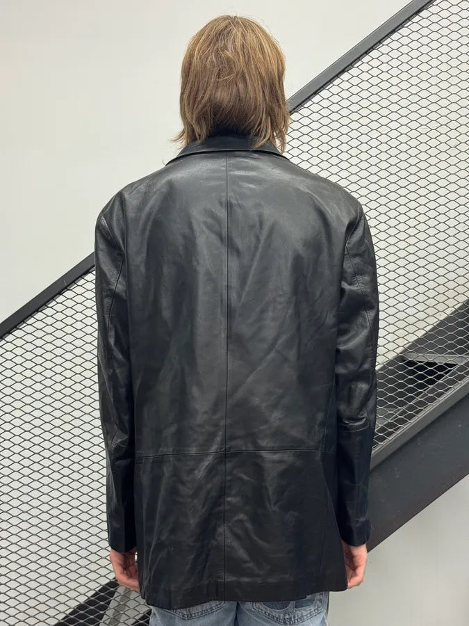 2000s Emporio Armani Black Leather Long Jacket OcAXuRD 2