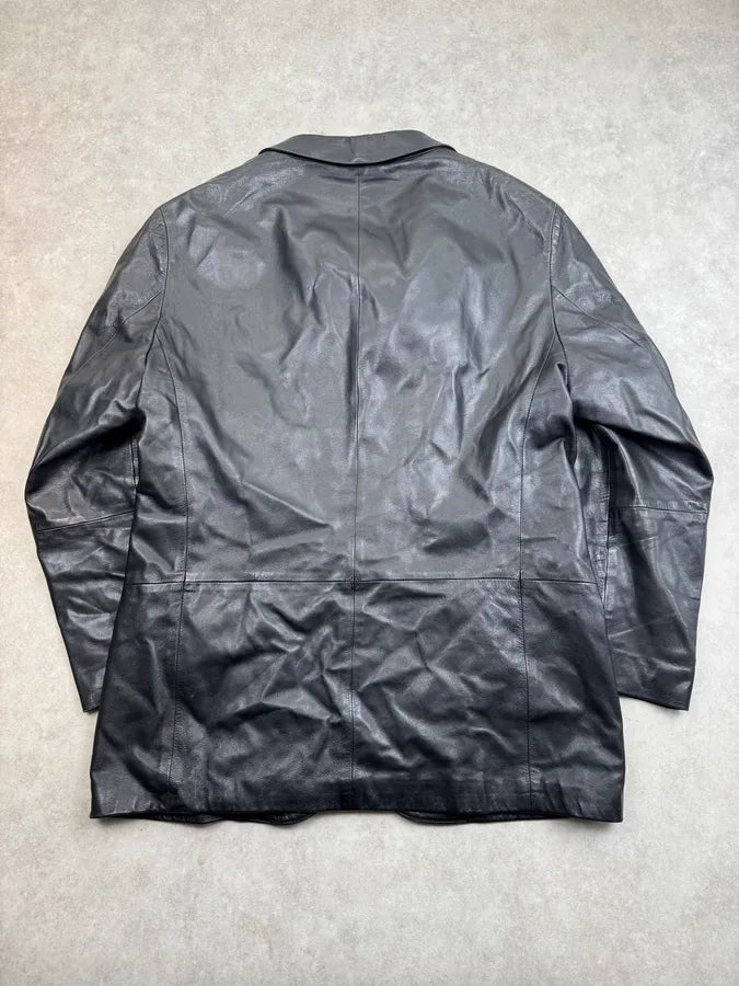 2000s Emporio Armani Black Leather Long Jacket OcAXuRD 5