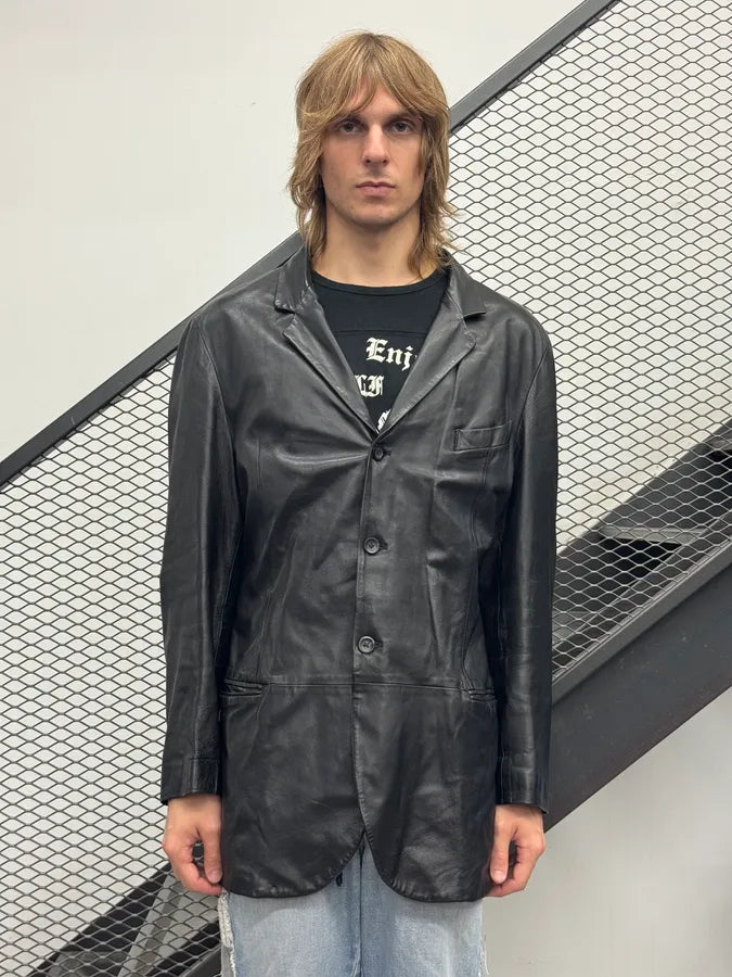 2000s Emporio Armani Black Leather Long Jacket OcAXuRD 1