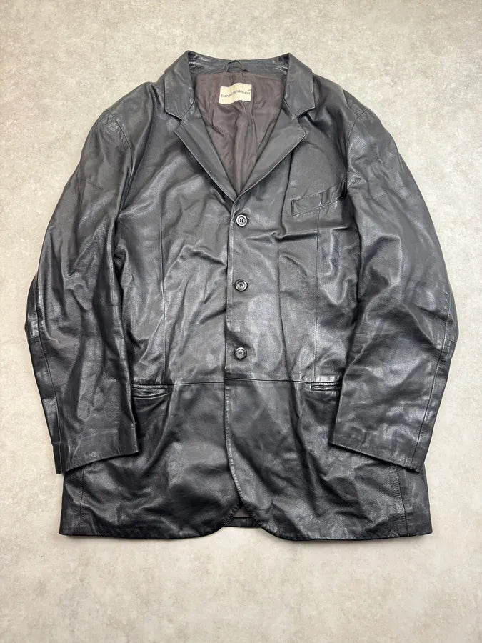 2000s Emporio Armani Black Leather Long Jacket OcAXuRD 0