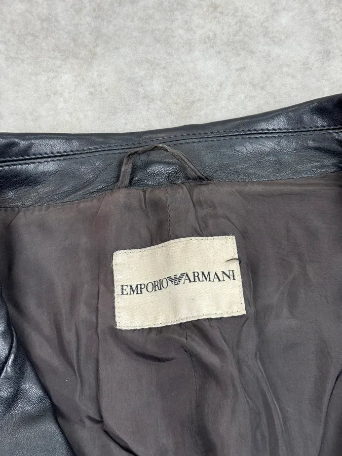 2000s Emporio Armani Black Leather Long Jacket OcAXuRD 8