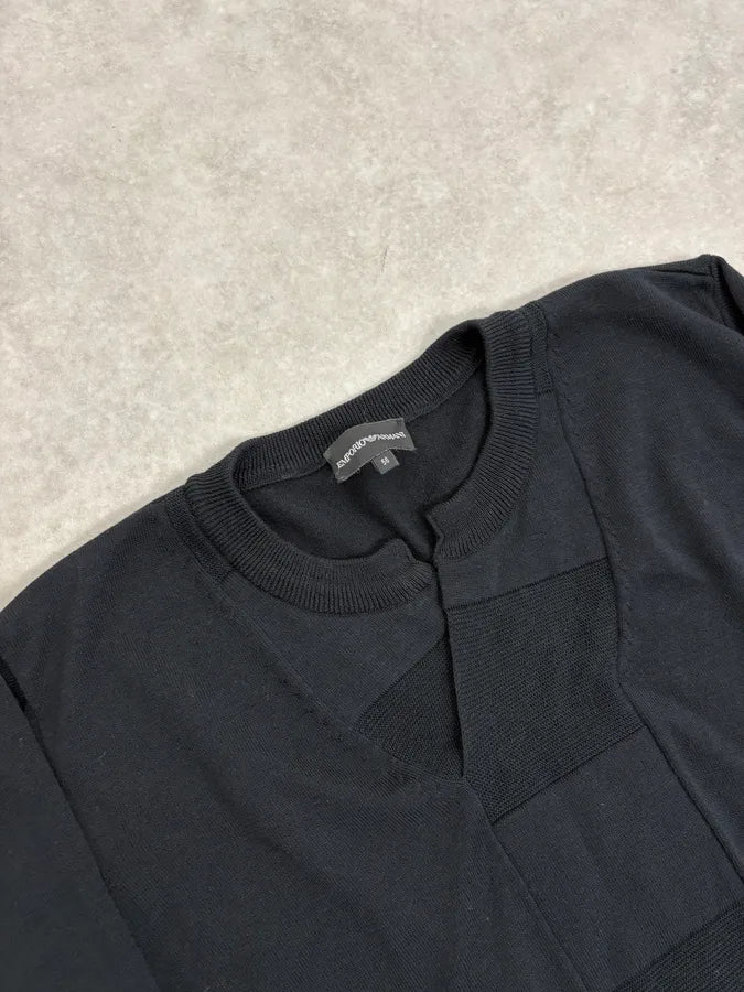 2000s Emporio Armani Black Patchwork V-Neck Wool Sweater WKZzyvc 4