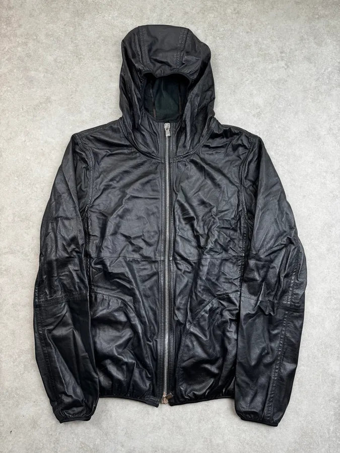 SS2014 Emporio Armani Black Tactical Hooded Leather Jacket  buXjaiO 0
