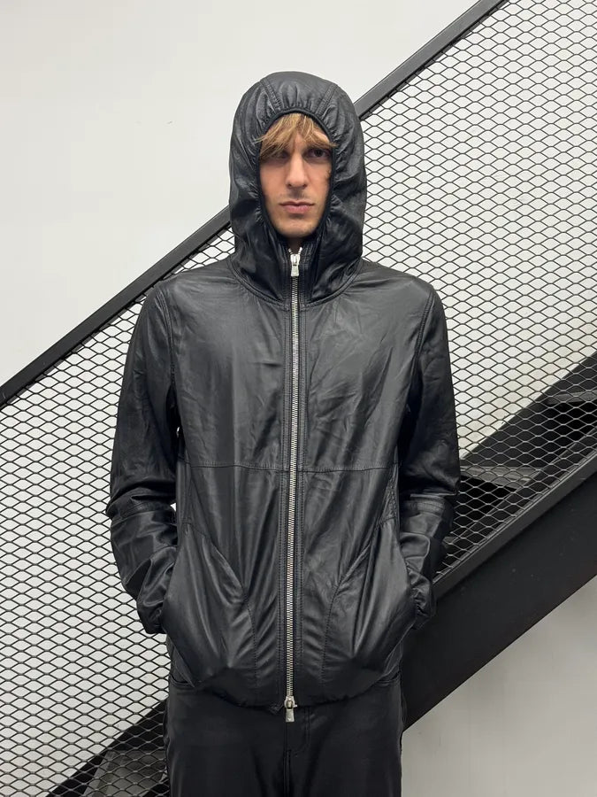 SS2014 Emporio Armani Black Tactical Hooded Leather Jacket  buXjaiO 3