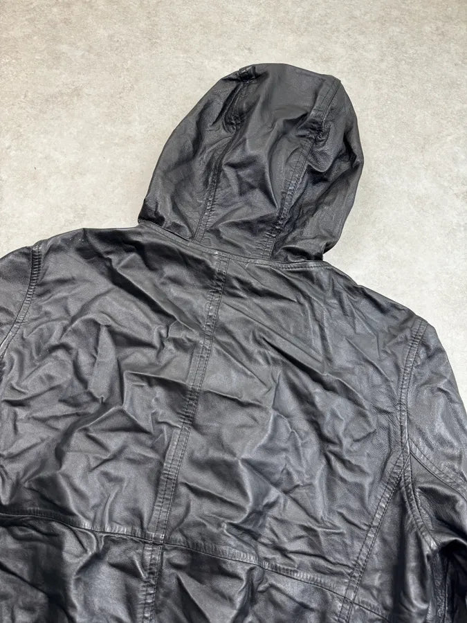 SS2014 Emporio Armani Black Tactical Hooded Leather Jacket  buXjaiO 6
