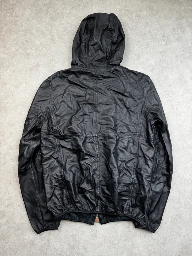 SS2014 Emporio Armani Black Tactical Hooded Leather Jacket  buXjaiO 1