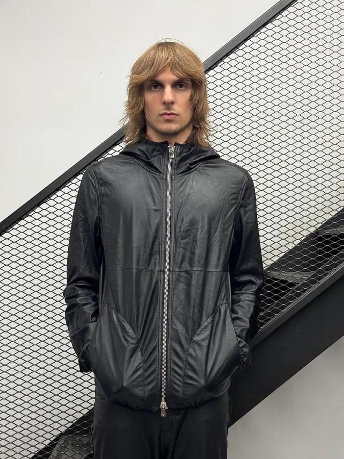 SS2014 Emporio Armani Black Tactical Hooded Leather Jacket  buXjaiO 2