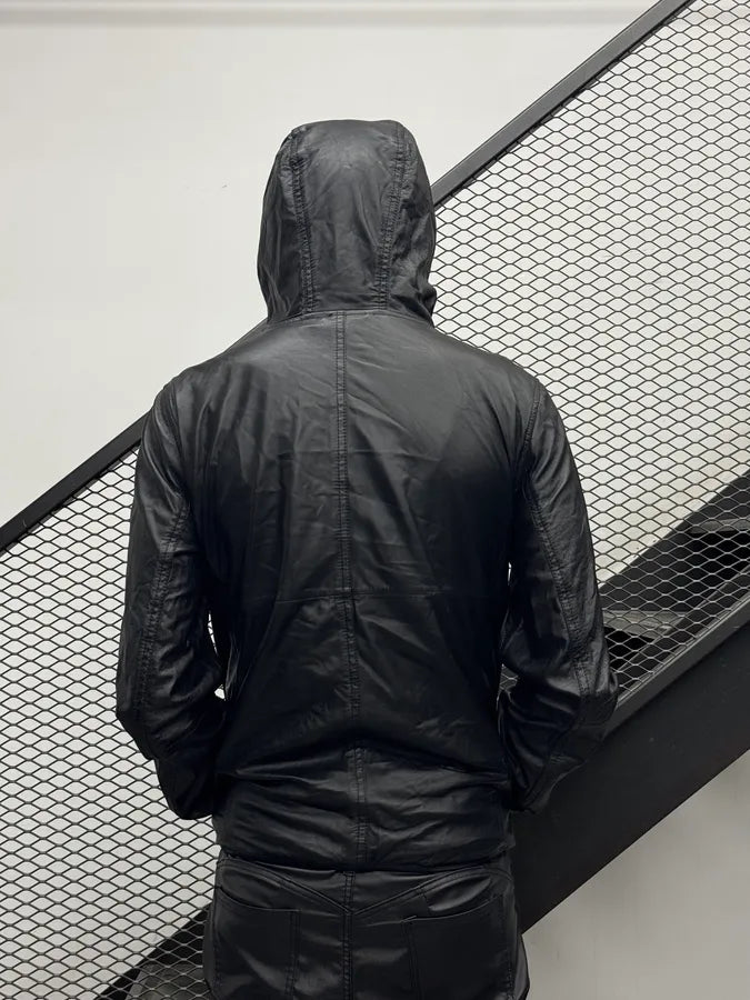 SS2014 Emporio Armani Black Tactical Hooded Leather Jacket  buXjaiO 4