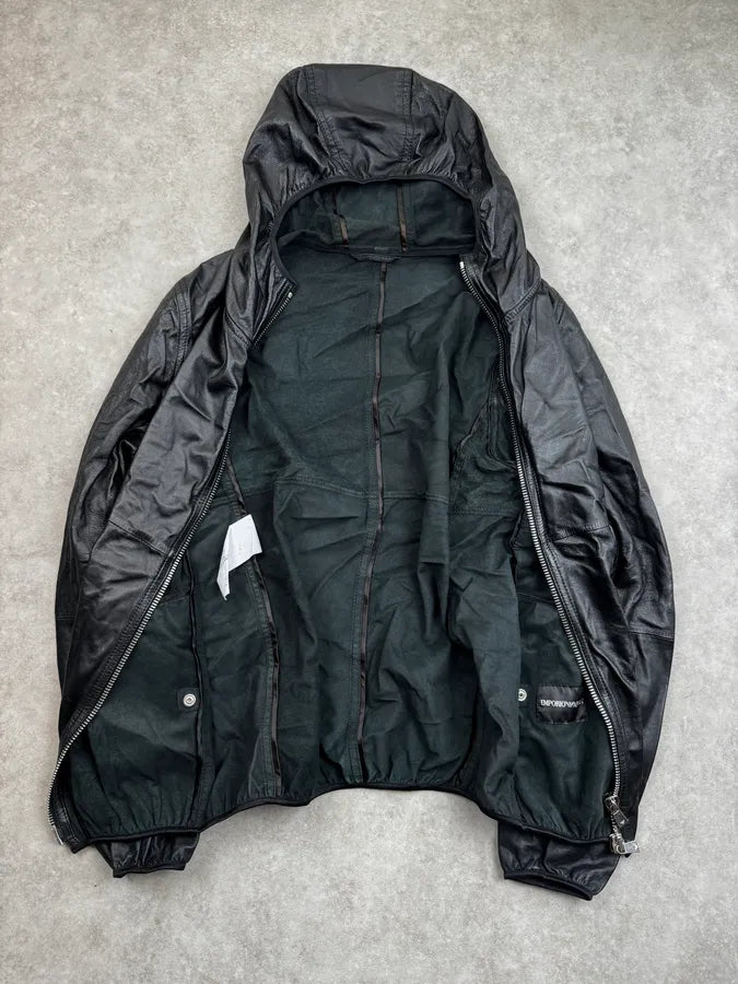 SS2014 Emporio Armani Black Tactical Hooded Leather Jacket  buXjaiO 7
