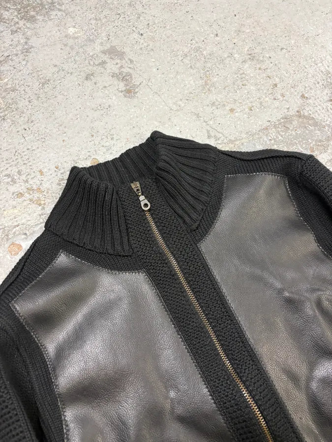 2000s Emporio Armani Black Wool Leather Hybrid Jacket txcuQNj 4