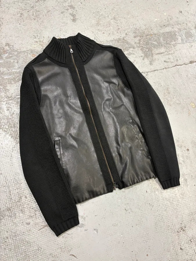 2000s Emporio Armani Black Wool Leather Hybrid Jacket txcuQNj 3