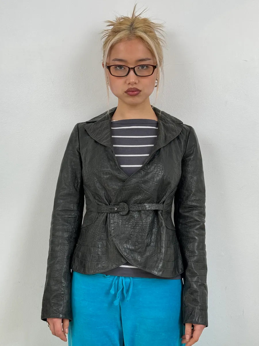 2000s Emporio Armani Crocodile Embossed Grey Leather Jacket vkyTTdt 1