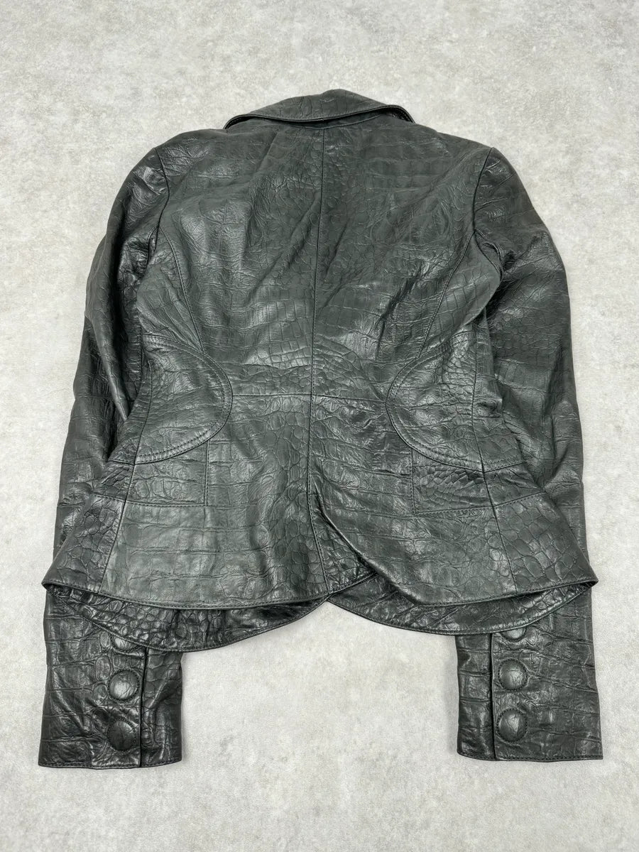 2000s Emporio Armani Crocodile Embossed Grey Leather Jacket vkyTTdt 6
