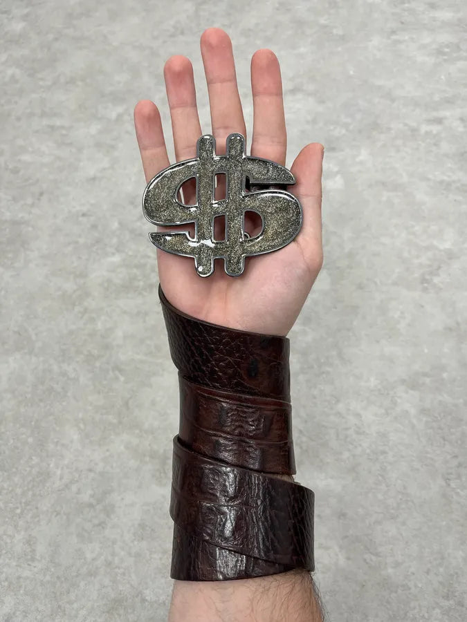 2000s Emporio Armani Dollar Buckle Crocodile Effect Brown Leather Belt lKWMiPL 1