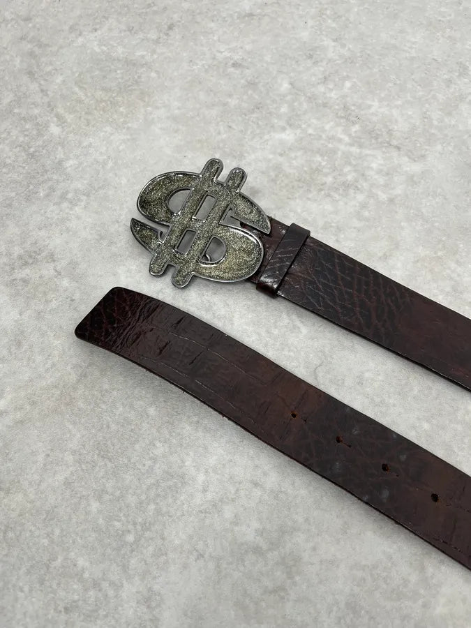 2000s Emporio Armani Dollar Buckle Crocodile Effect Brown Leather Belt lKWMiPL 2