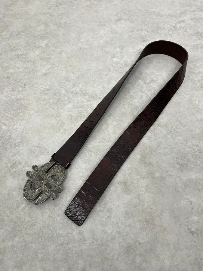 2000s Emporio Armani Dollar Buckle Crocodile Effect Brown Leather Belt lKWMiPL 3